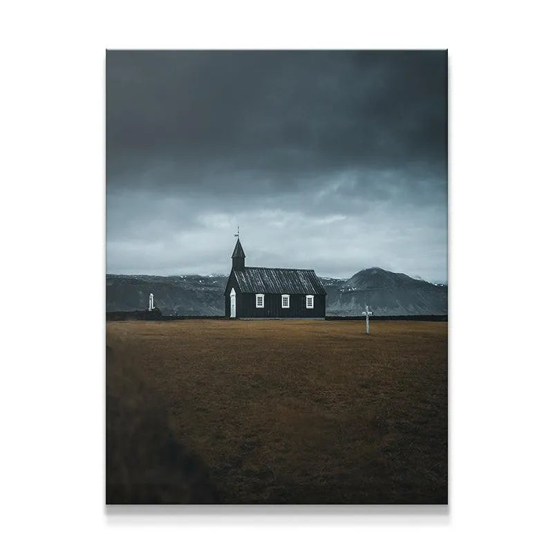 Full vertical shot of The Black Church beneath a dark, ominous, cloudy sky.