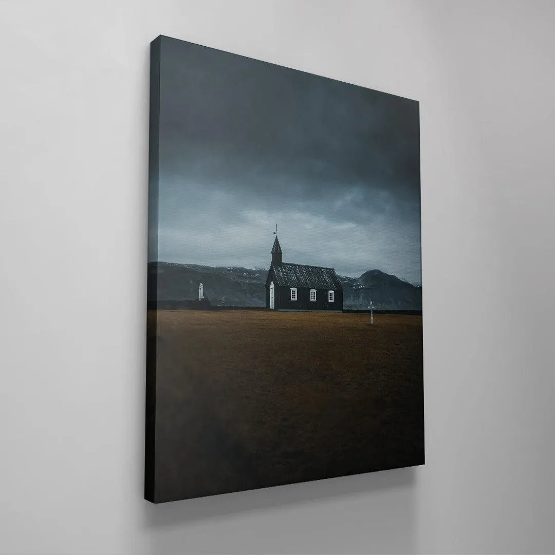 Canvas display perspective illustrating the scale and moody contrast of The Black Church artwork.
