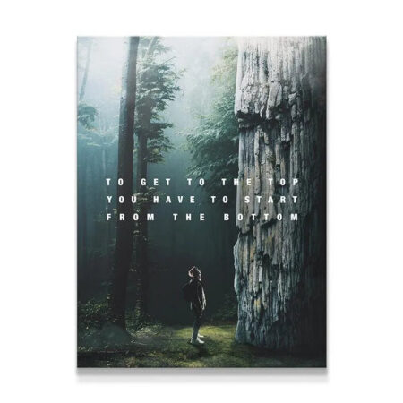 A full view of the vertical motivational forest print titled 'The Bottom' featuring a massive tree and overlaid white text.