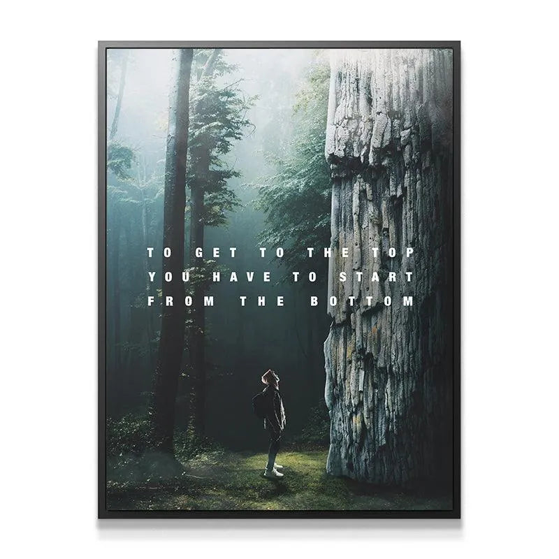 Close-up texture of the ancient tree bark contrasted with the motivational phrase 'The Bottom' in white lettering.