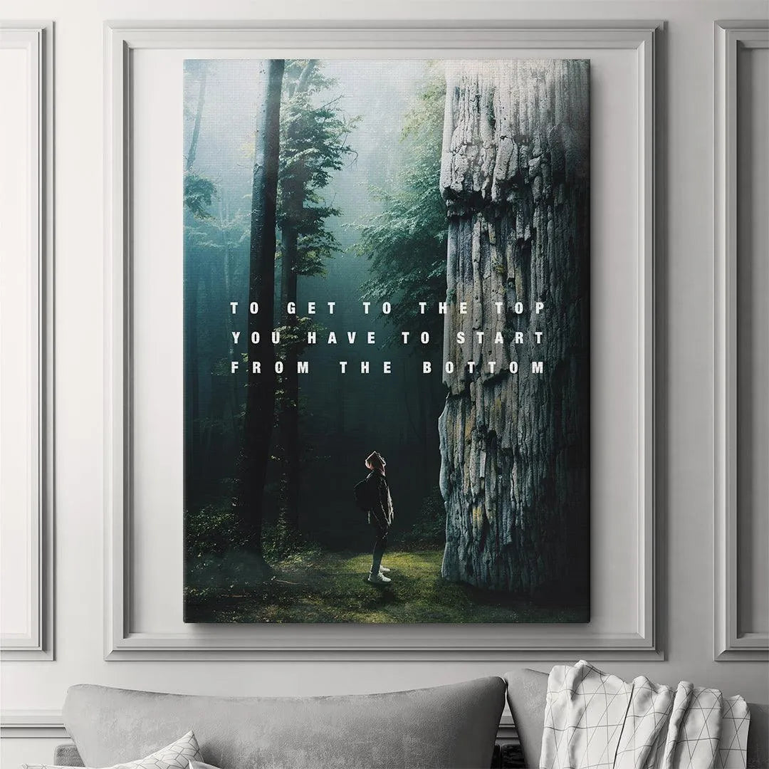 Wide-angle shot of the foggy forest floor emphasizing the person looking up, symbolizing starting from 'The Bottom'.