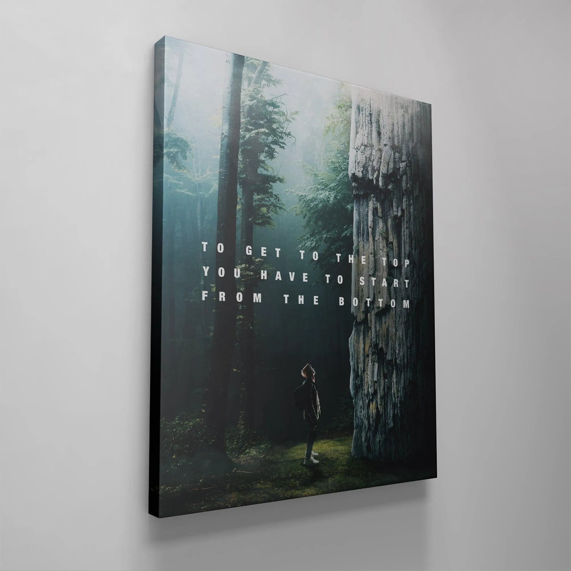 The dramatic lighting and misty atmosphere capturing the initial challenge and scale presented in 'The Bottom' inspirational canvas.