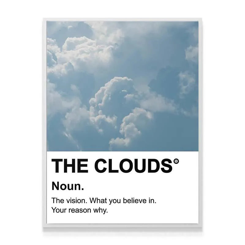 Detail view of the bold typography defining 'Noun.' on The Clouds conceptual print.