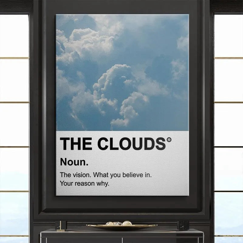 The Clouds print displayed hanging framed in a bright, contemporary office setting.