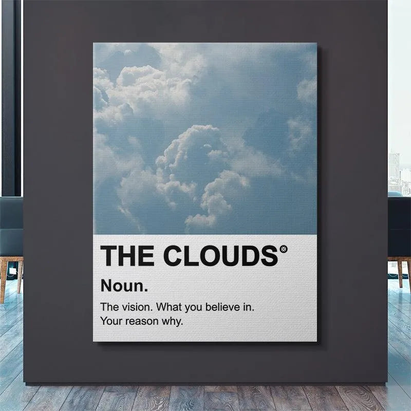 High-contrast shot highlighting the blue color block and definition text of The Clouds poster.