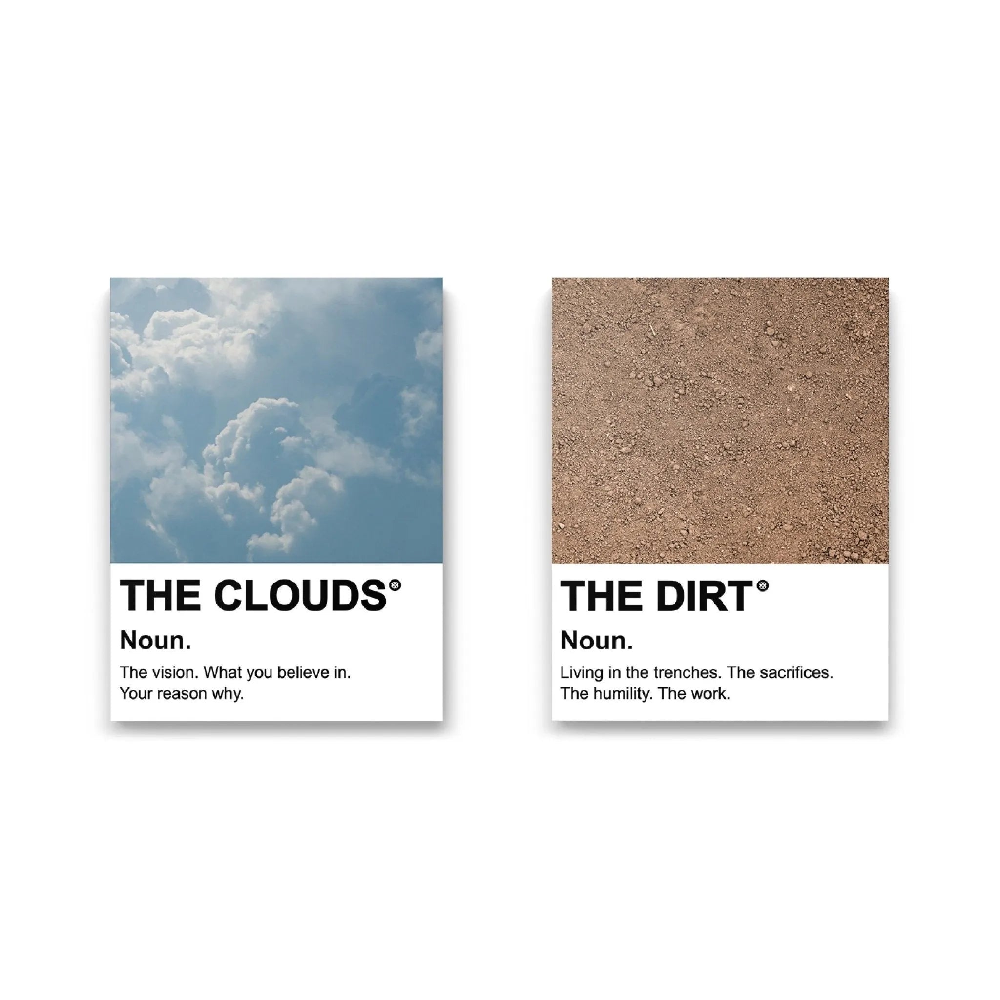 Full overhead view of the contrasted blue sky and brown earth prints titled 'The Clouds & The Dirt'.