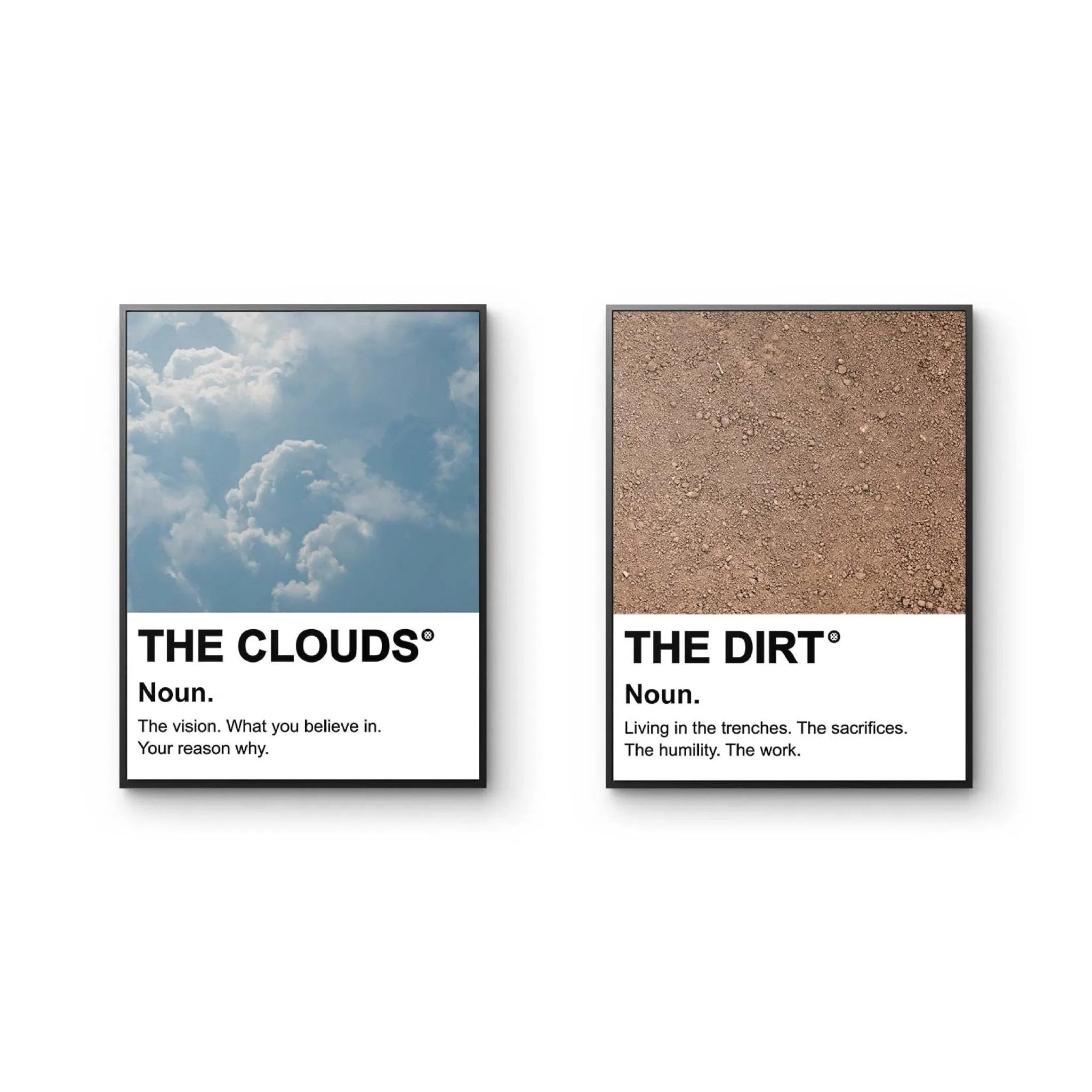 Close-up on the textured brown earth detail and definition of 'THE DIRT' section of 'The Clouds & The Dirt'.