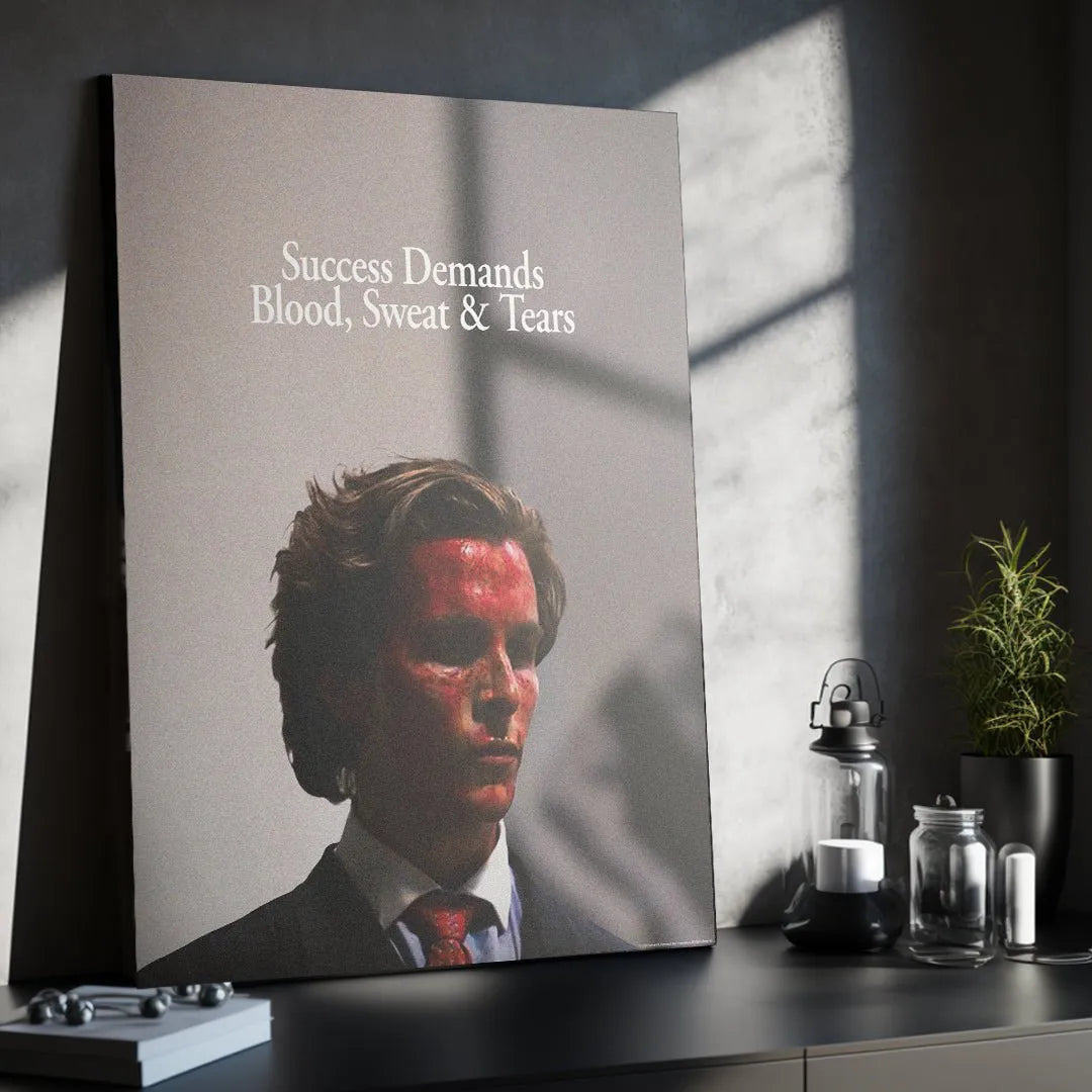 Corner view highlighting the crisp typography "Success Demands Blood, Sweat & Tears" within The Demands Of Success artwork.