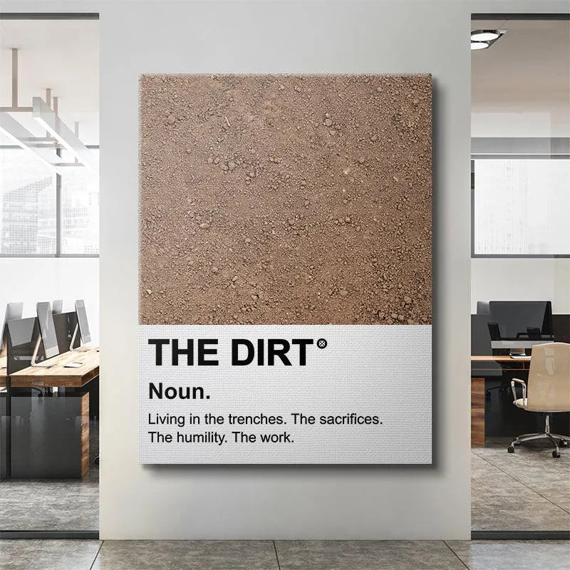 Lifestyle mock-up showing 'The Dirt' print framed in a minimalist home office setting.