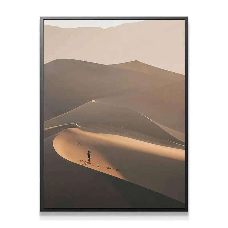 Close-up texture of sunlit sand dunes emphasized in 'The Distant Viewer' framed print.
