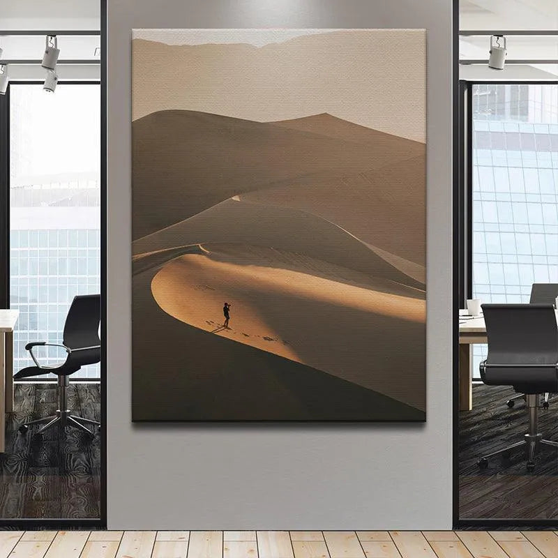 Warm golden hour lighting illuminating the contours of 'The Distant Viewer' desert photograph.