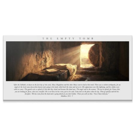 Panoramic view of The Empty Tomb interior with bright sunbeams shining through the cave entrance.