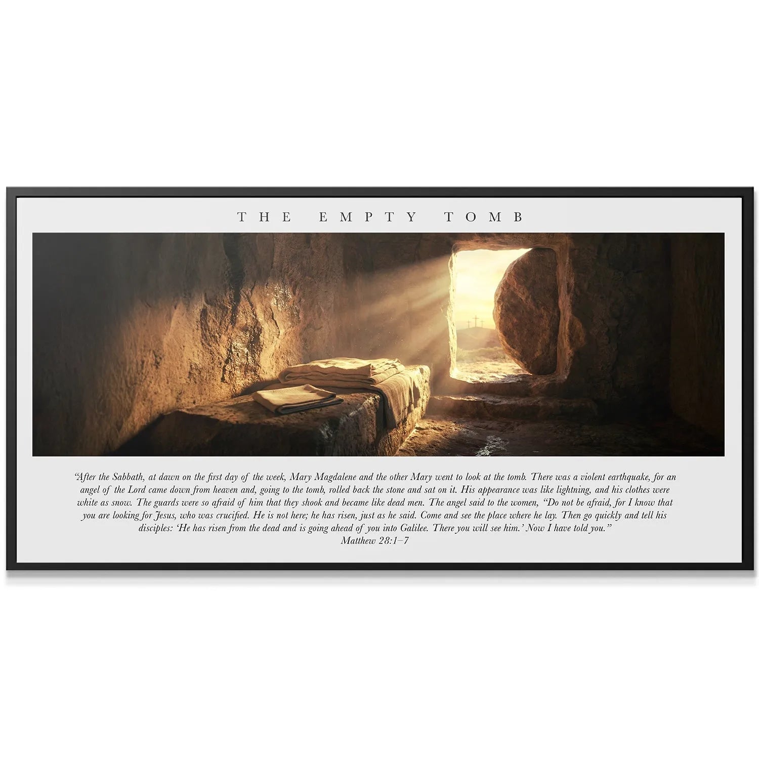 Close-up detail of the folded burial cloths resting on the burial slab inside The Empty Tomb.