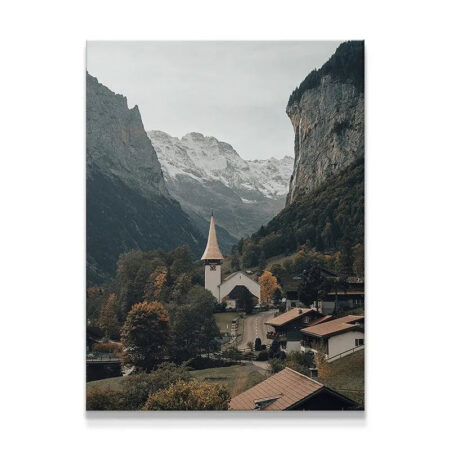 Vertical view of the towering cliffs overlooking The Fall Valley village landscape art.