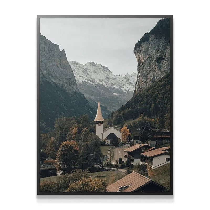 Close-up texture shot focusing on the stone chapel spire in The Fall Valley print.