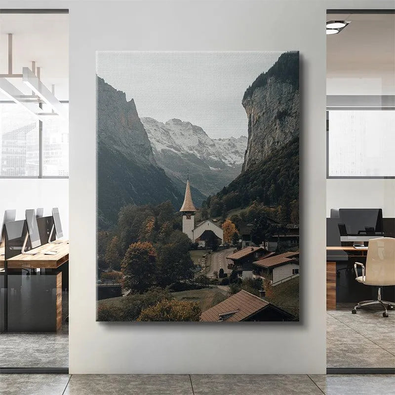 Lifestyle mock-up of the landscape artwork, 'The Fall Valley', displayed in a modern living room setting.