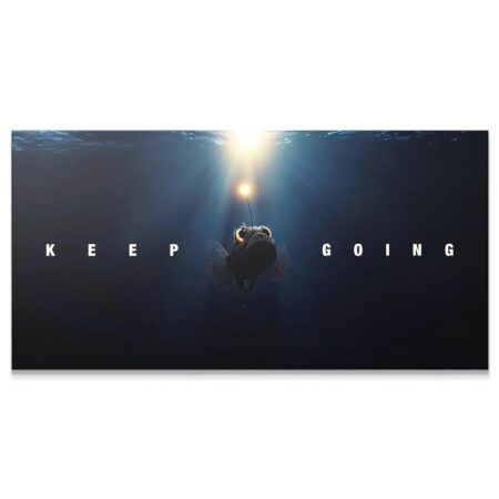 Wide shot of the motivational deep-sea artwork, 'The Fish - Keep Going', showing the full horizontal format.