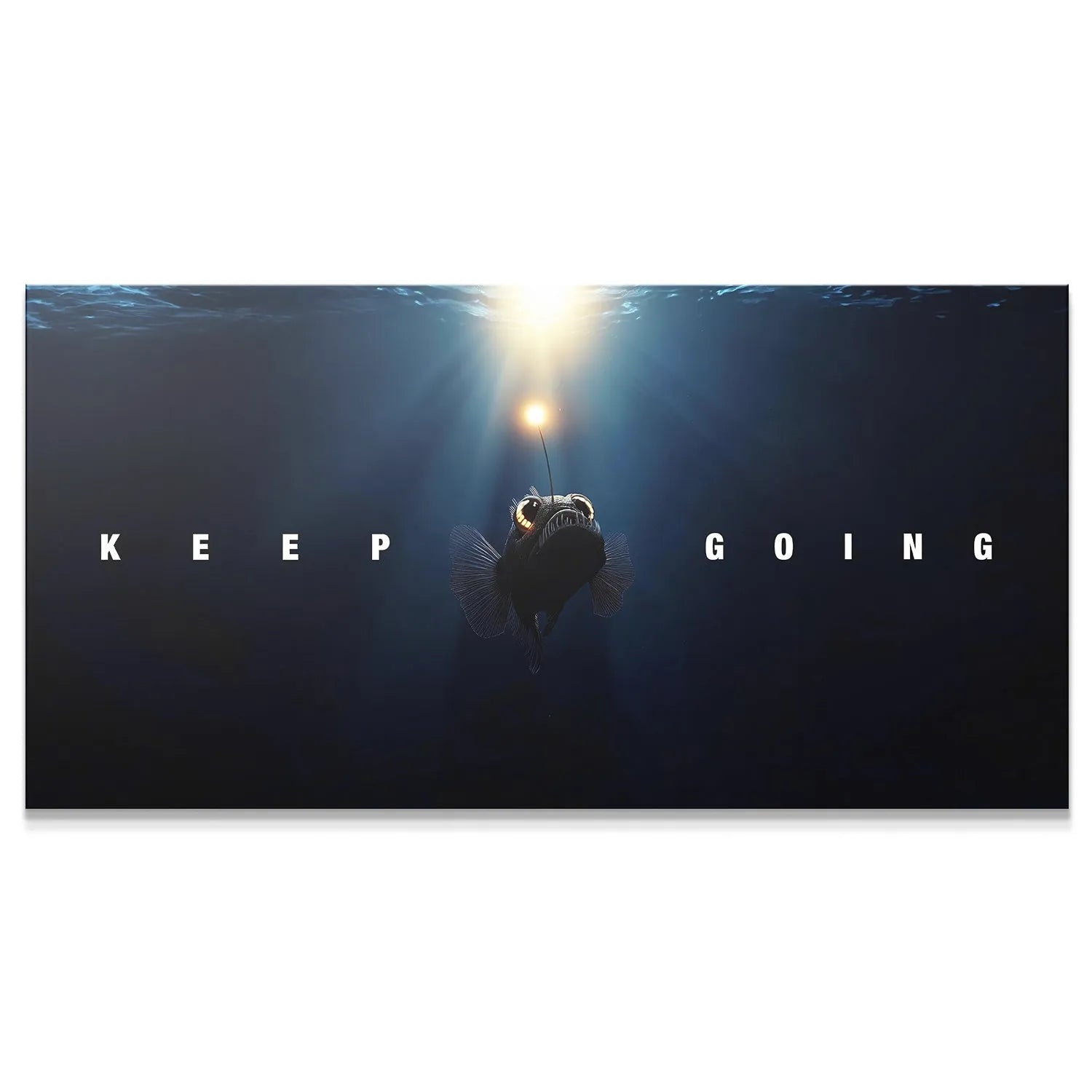 Wide shot of the motivational deep-sea artwork, 'The Fish - Keep Going', showing the full horizontal format.