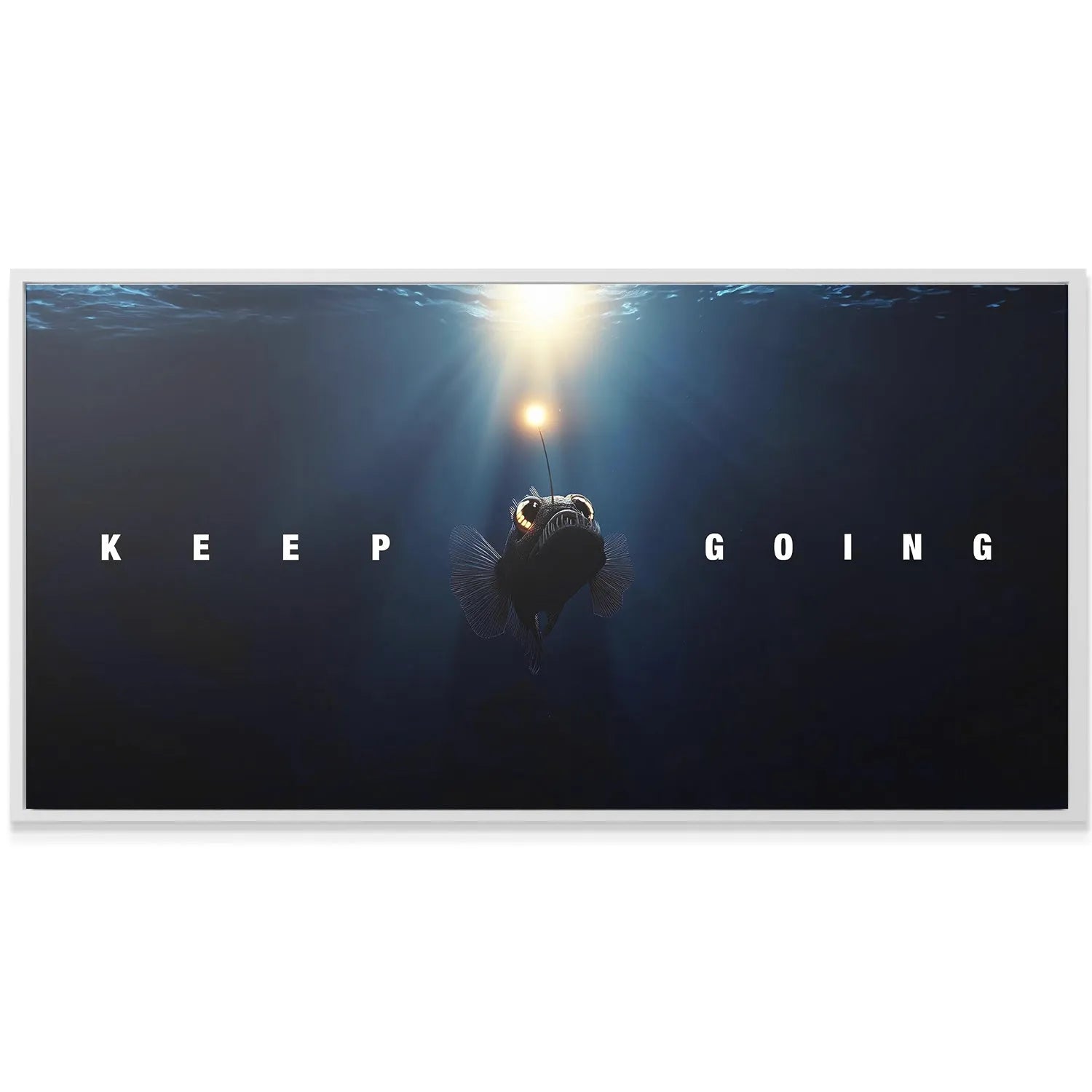 Texture view of the deep blue digital canvas showcasing the dark water gradient and the surface light effect for 'The Fish - Keep Going'.