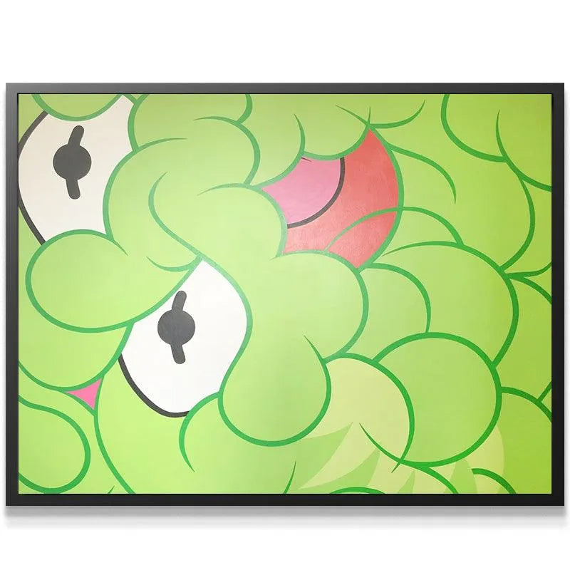 Full frontal view of the highly saturated, vibrant lime green canvas titled 'The Frog'.