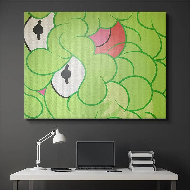 Lifestyle mock-up of 'The Frog' hung above a modern gray sofa in a contemporary living room.