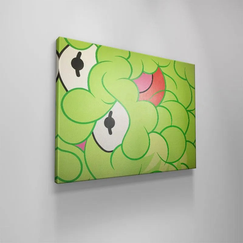 The exaggerated scale and graphic lines defining the abstract features of 'The Frog' artwork.