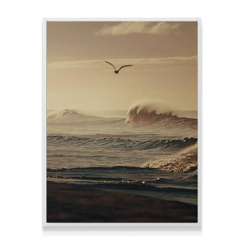 Solitary seagull flying high above the waves in The Frozen Current artwork.