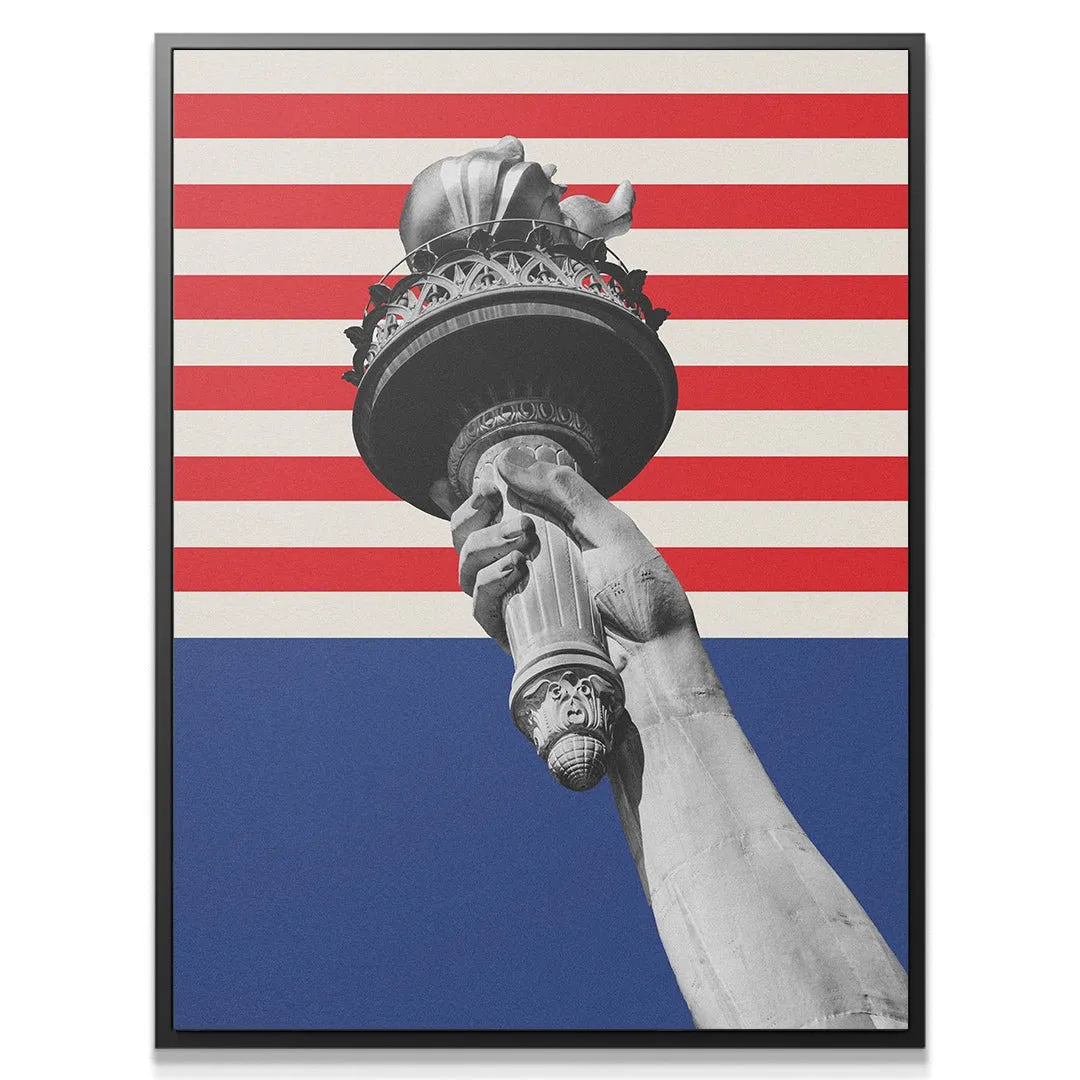 Full vertical shot of The Hand of Liberty art against the red and white striped background.