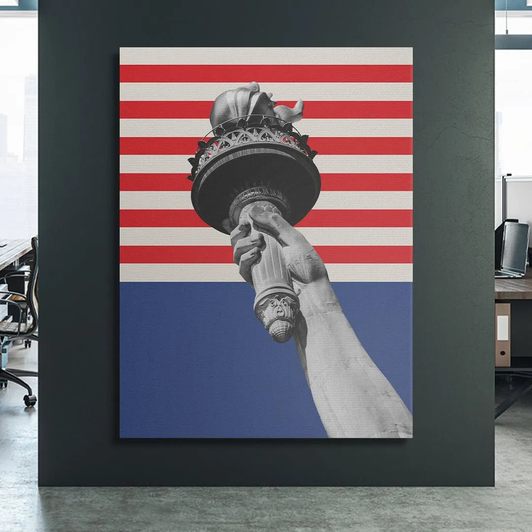 Lifestyle image showing The Hand of Liberty print hanging above a minimalist, modern living room sofa.