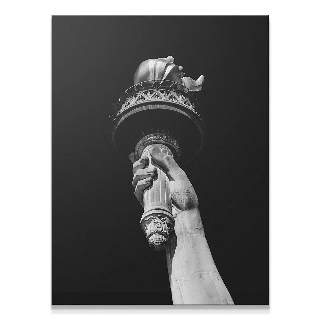Low-angle close-up texture detail of the torch arm in 'The Hand of Liberty - B&W'.