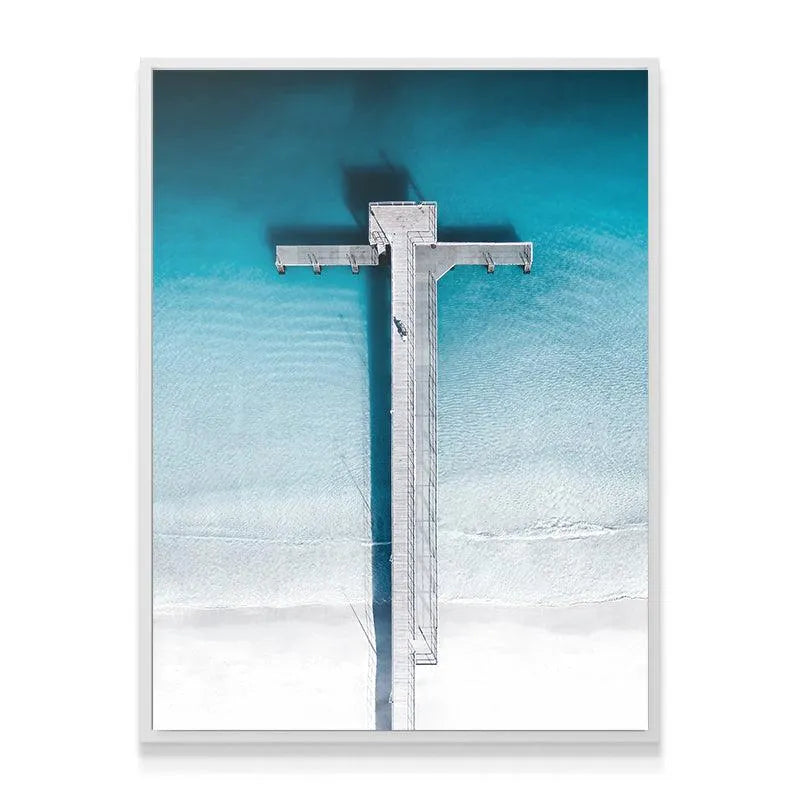 Minimalist wall art featuring the geometric lines of The Jetty against white sand.