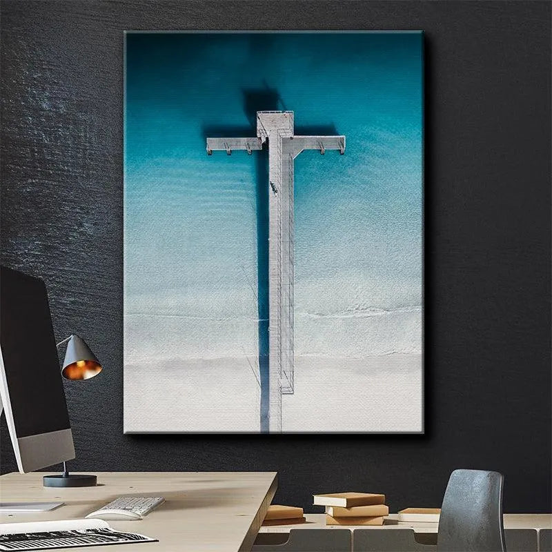 Lifestyle image showing The Jetty print hanging in a modern, seaside-themed living room.