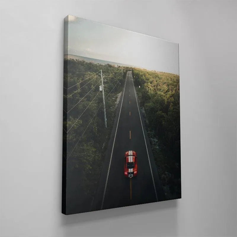 Detail focusing on the yellow dividing lines stretching toward the vanishing point in "The Journey" print.