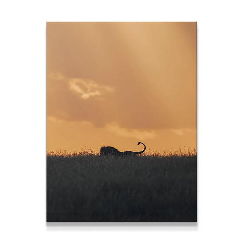 The King wall art canvas showcasing the lion's silhouette at golden hour sunset.