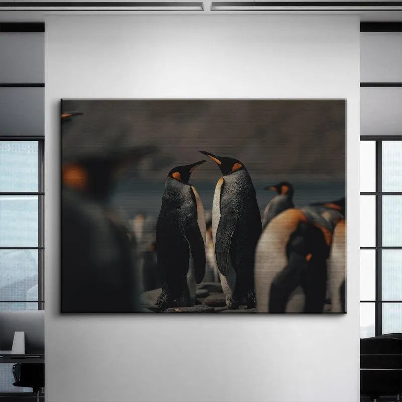 Intimate portrait of the bonding pair of King Penguins standing on dark rocks, known as 'The Kings'.
