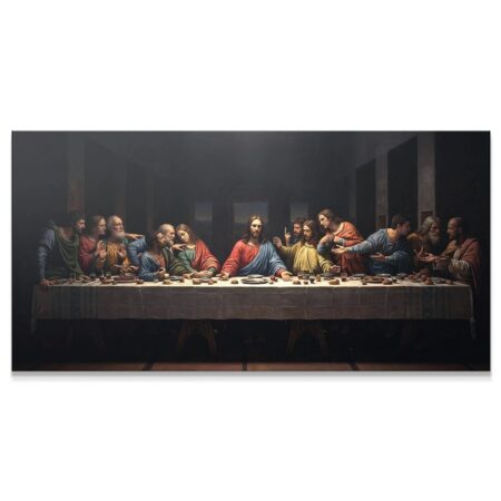 Wide panoramic view of The Last Supper fresco reproduction on dark canvas.