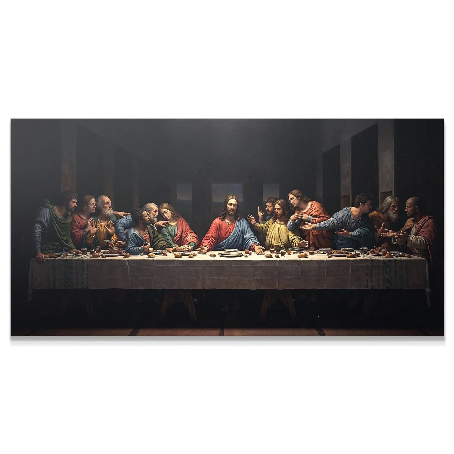 Wide panoramic view of The Last Supper fresco reproduction on dark canvas.