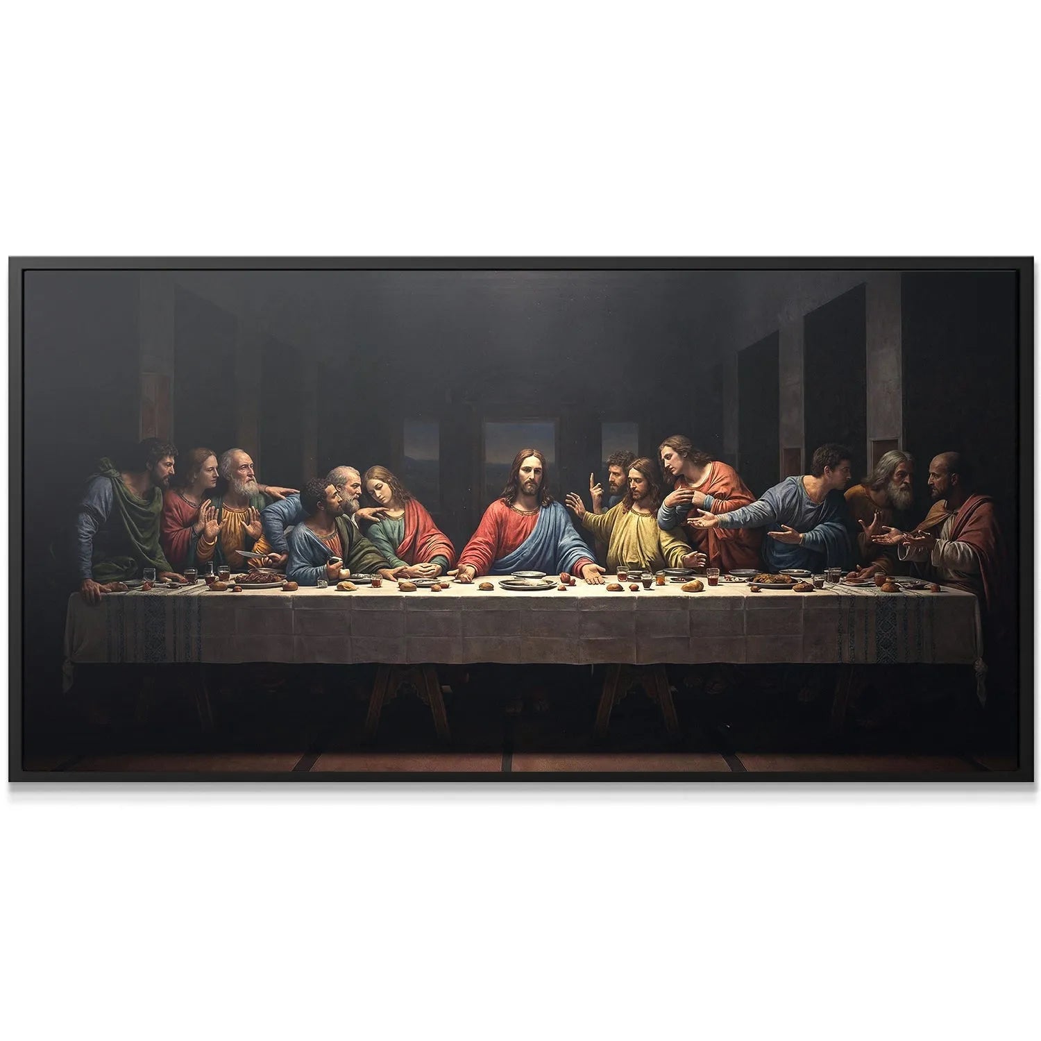 Close-up texture detail of Jesus and the disciples in the center section of The Last Supper artwork.