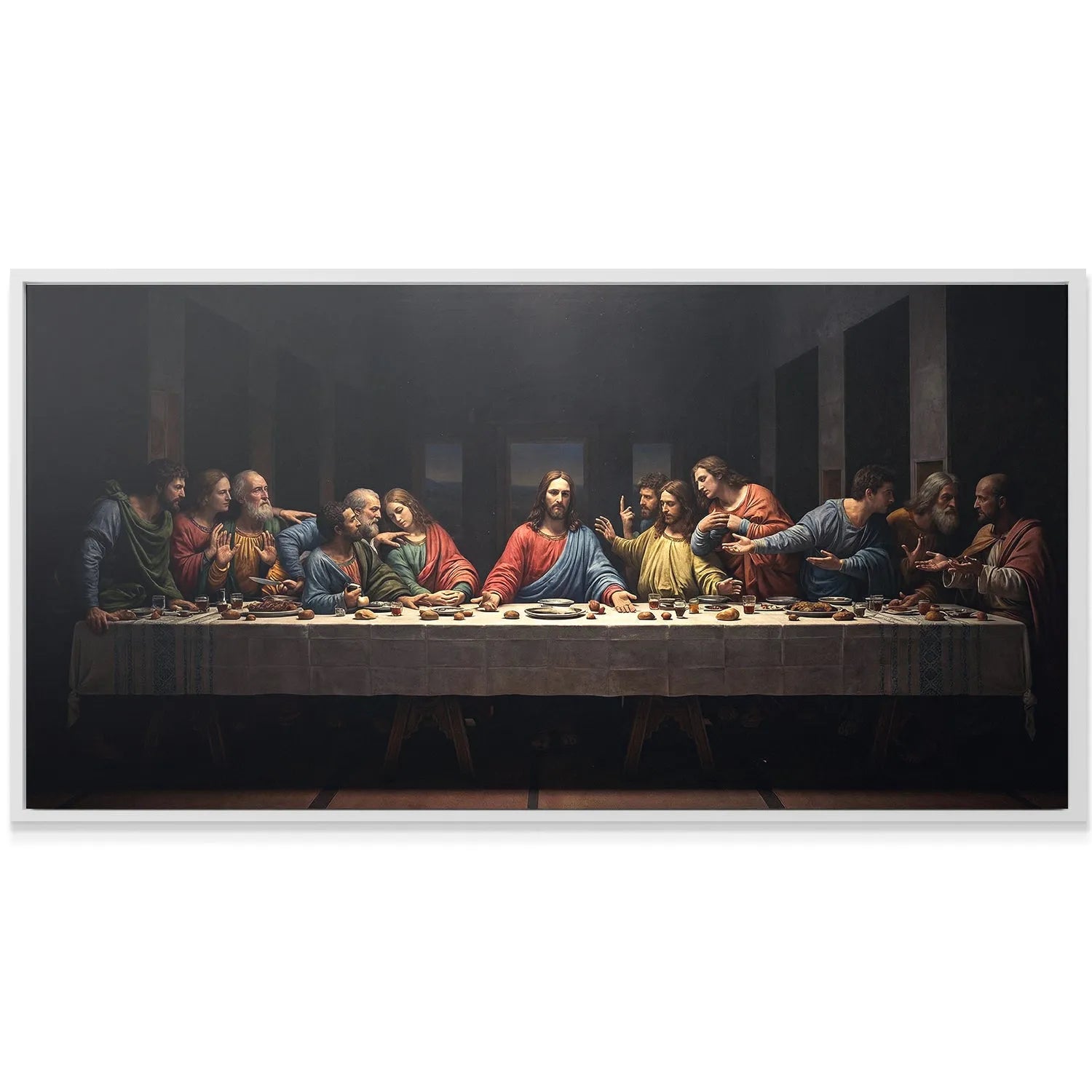 Lifestyle shot: Large framed print of The Last Supper displayed above a stately dining room table.