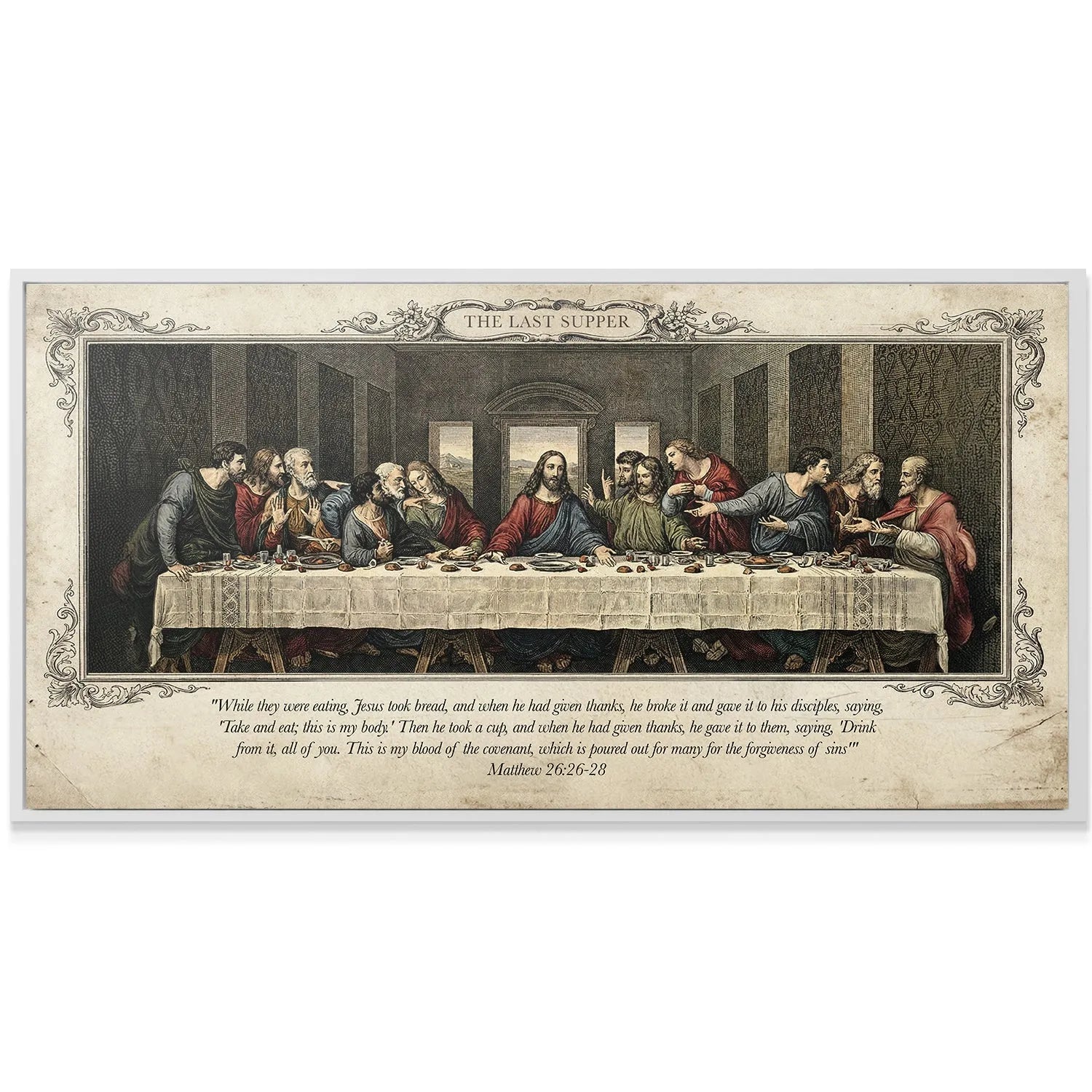 Vintage texture of the aged paper border surrounding The Last Supper artwork.