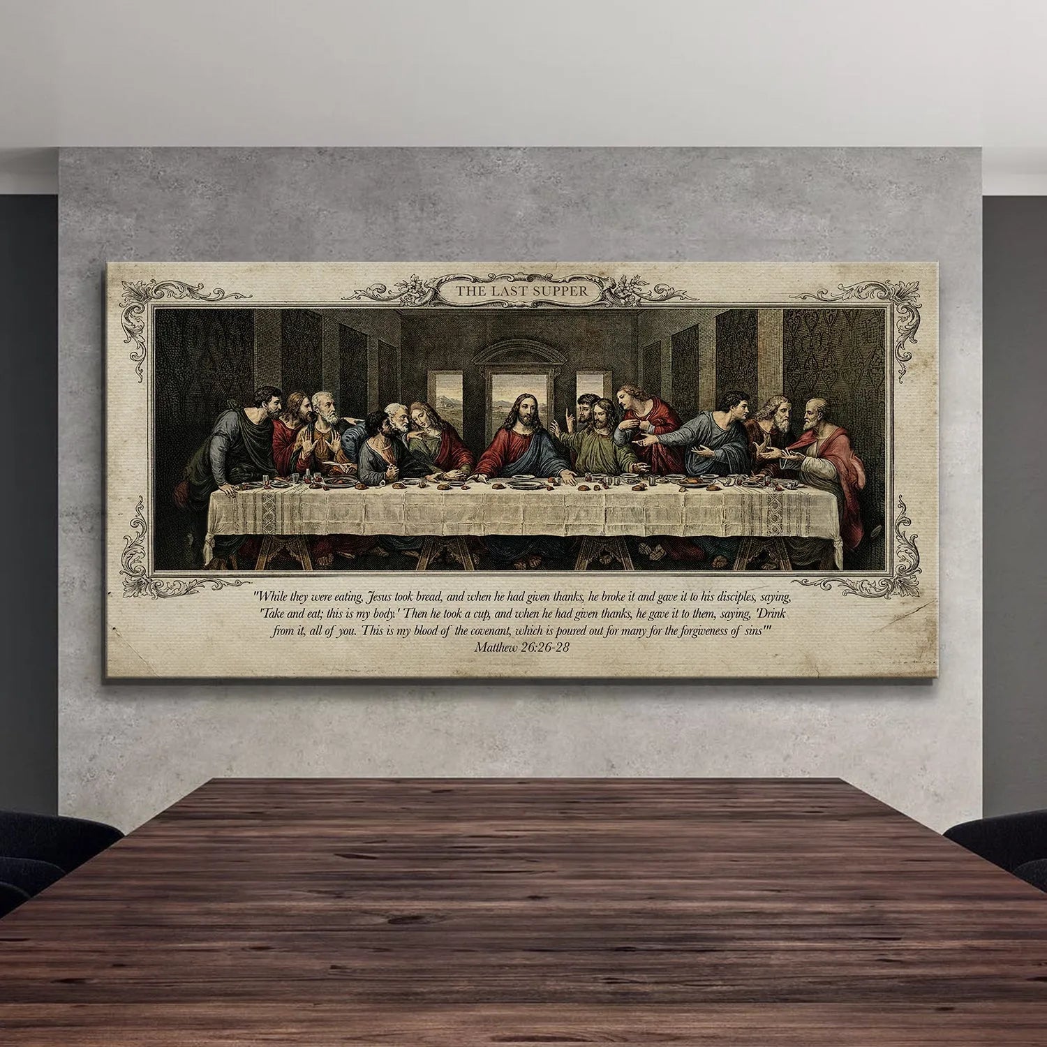 Lifestyle shot of The Last Supper print hanging in a devotional setting.