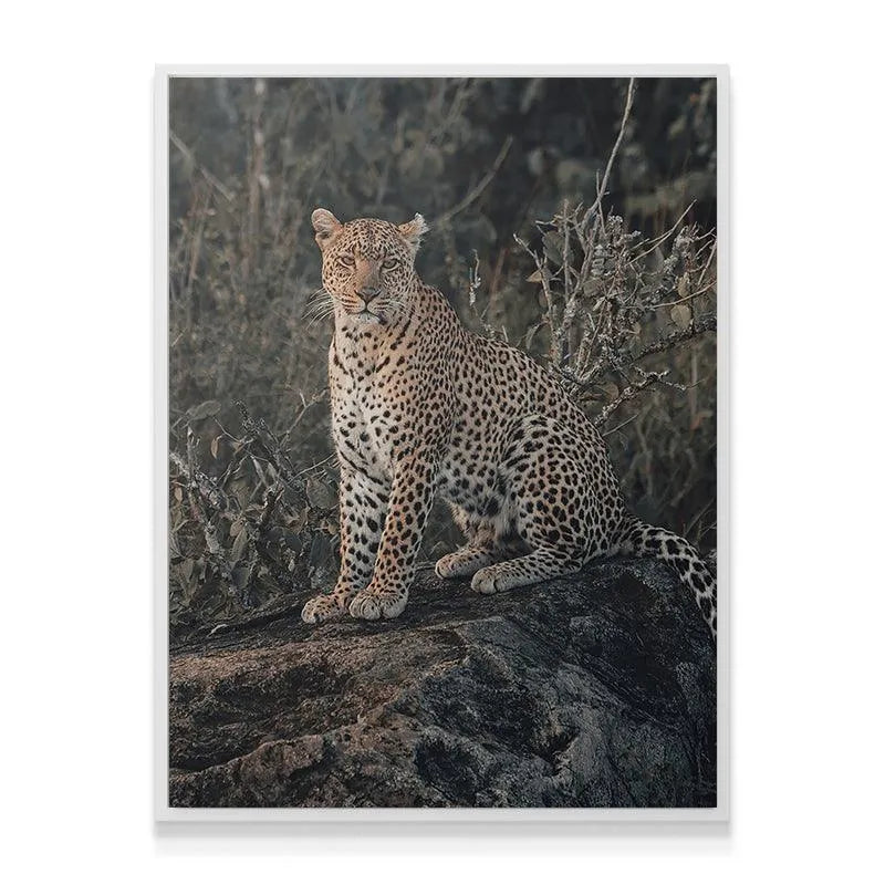 Lifestyle view of 'The Leader' artwork displayed above a modern living room fireplace, adding a wild focal point.