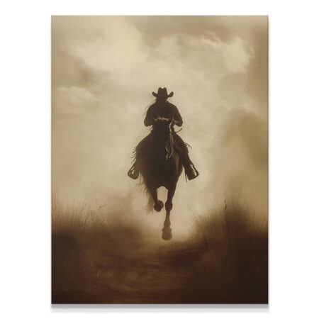 Full view of The Lone Rider 2 artwork depicting the silhouette of a galloping horse and rider against a sepia sky.
