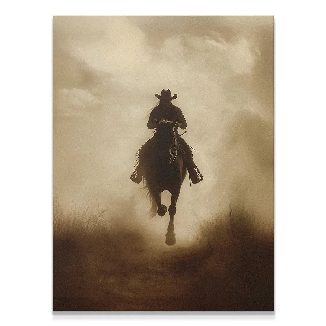 Full view of The Lone Rider 2 artwork depicting the silhouette of a galloping horse and rider against a sepia sky.