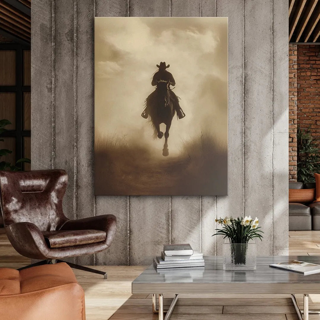 Lifestyle mock-up of The Lone Rider 2 canvas hanging prominently above a rustic wooden fireplace mantel.