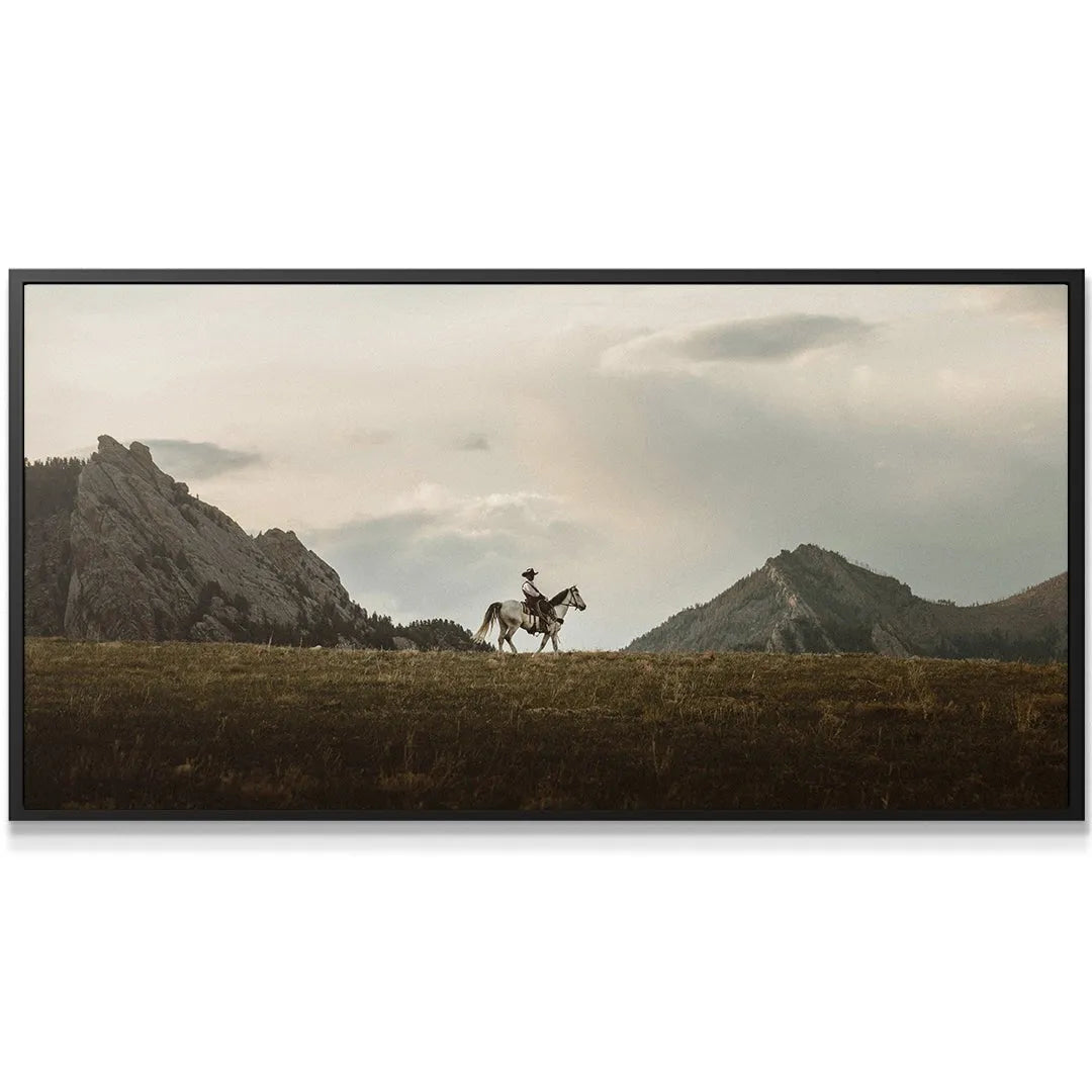 Close-up profile of the horse and The Lone Rider silhouetted against a dramatic cloudy sky.