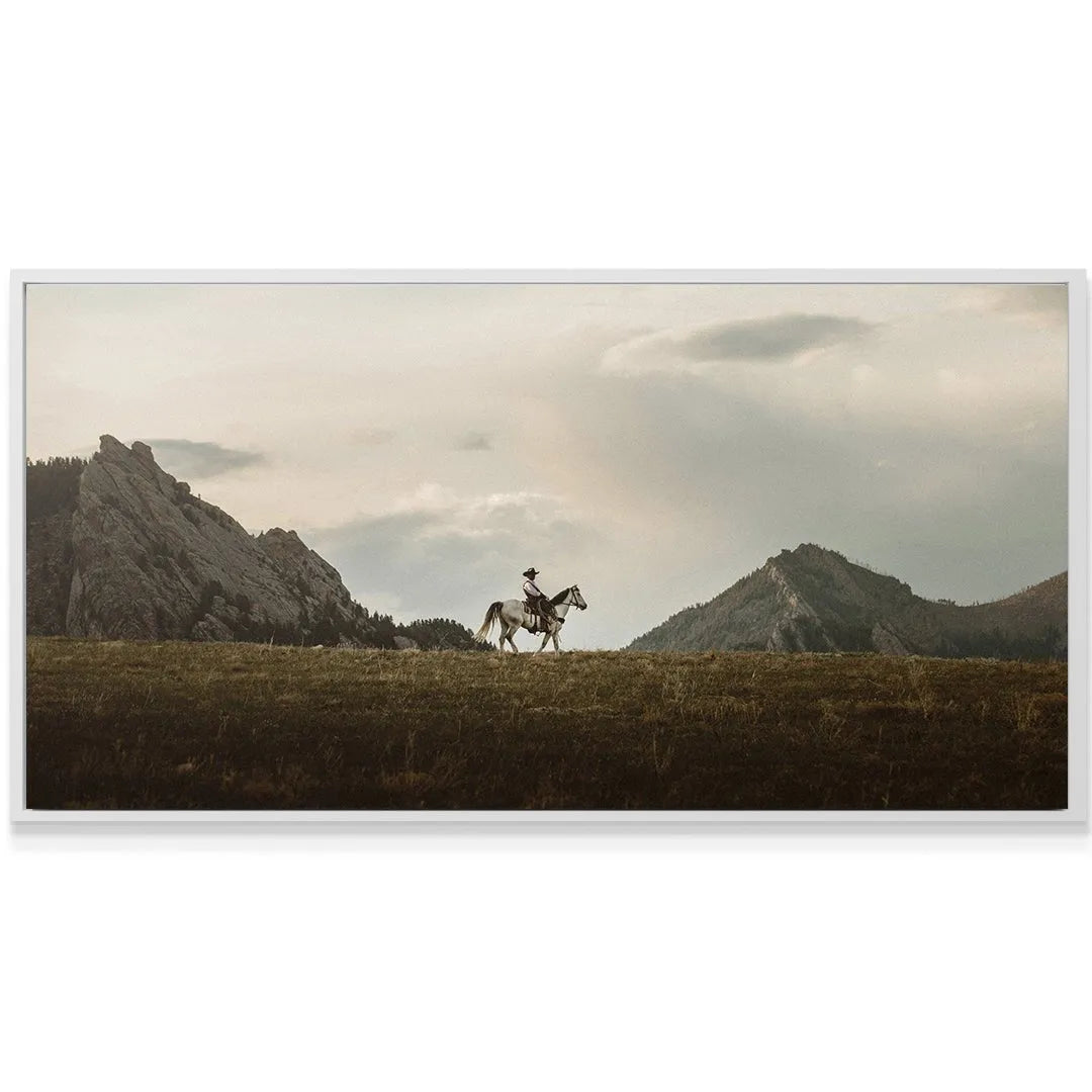 Dramatic texture of the foreground tall grass beneath the horse carrying The Lone Rider.
