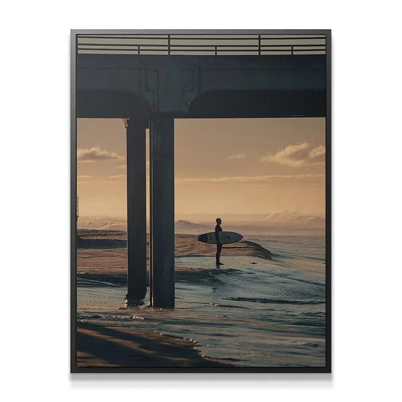 Golden hour light reflecting on wet sand and water texture in the foreground of 'The Morning Wait' artwork.