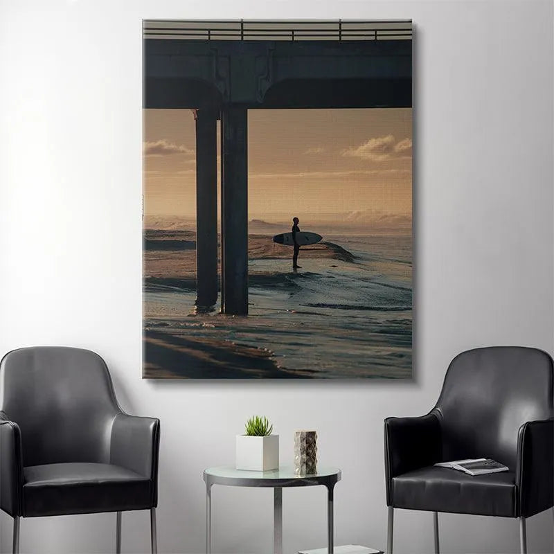 Foreground close-up showing the subtle motion and receding water around the base of the pier columns in 'The Morning Wait'.
