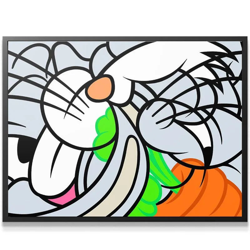 Vibrant side-angle view detailing the thick black outlines used in The Rabbit print.